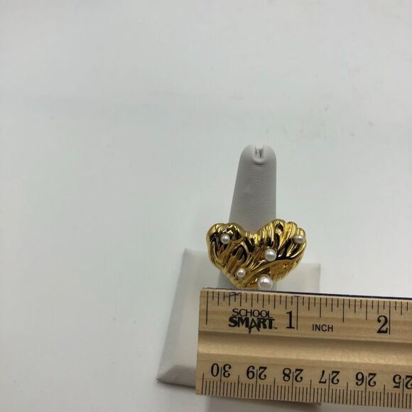 18K Gold Plated Women's Statement Heart Ring Faux Pearls Open Back Adjust Size - Picture 13 of 15